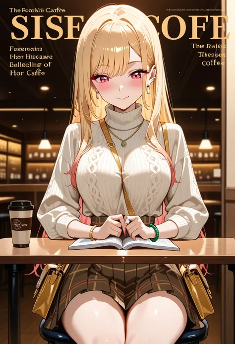 Marin Kitagawa, sitting at a stylish café booth, adjusting her posture slightly as she shifts in her seat, looking down at the table as she absentmindedly reaches for her coffee, long loose blonde hair softly cascading over her shoulders, light pink ombre ...