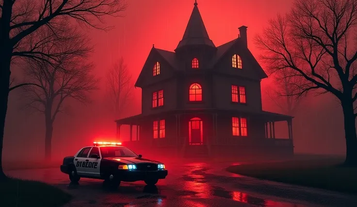 Scary House 3rd floor rooms with light coming from blood colored house Police car is in the open space in front of the house with red rain water