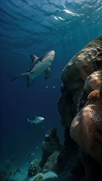  Octopus named Oki swims leisurely on the reef.  Suddenly , a large shadow appears—a hungry shark approaches !

