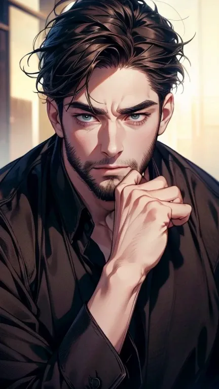 (  better quality,4K,8k, highres, masterpiece:1.2), ultra-detailed,(realistic,photorealistic,photo-realistic:1.37),36-year-old man,3 day beard,Cute anime ,Portraits,strong,Masculine, dark hair,sharp jaw,  mesmerizing eyes  , perfectly groomed hair , cool a...