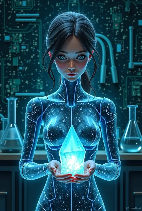  Logo on crystals Girl - Hologram robot .  In her hands she holds crystals . Logo on crystals "Recycling".
 In the background there is a printed circuit board with hoses and laboratory flasks and test tubes. На кристале логотип в зеленой неоновой подсветке...