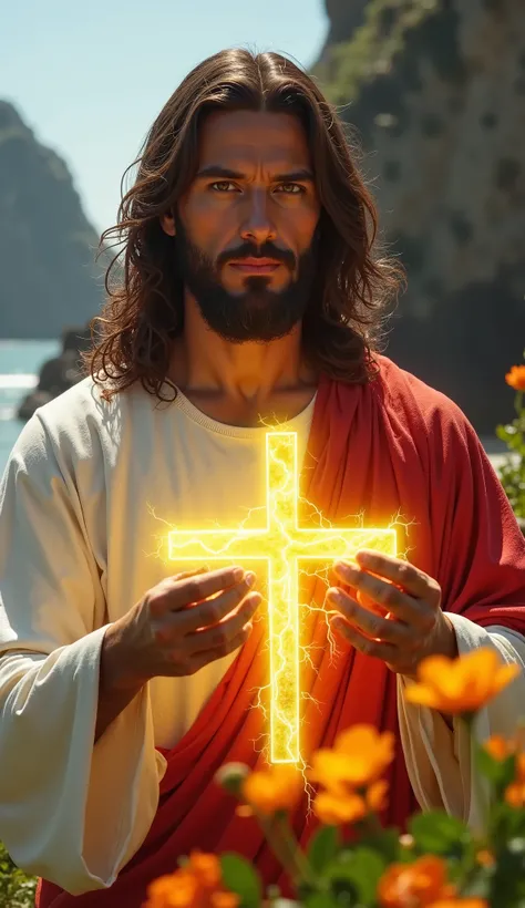  Close-up Jesus Christ determined look, white and red tunic, He holds in his hands a cross made of yellow electricity, He is on a rock , Beach and flowers in Rio de Janeiro, realistic 8k image 