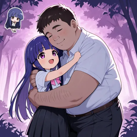 best quality , Masterpiece, (hug), couple, ( chibi)
 BREAK 
1Girl,rika furude, long hair, bangs, blue hair, purple eyes, blunt bangs, purple hair,
skirt, shirt, bow, school uniform, white shirt, short sleeves, pleated skirt, bowtie, black skirt, suspenders...