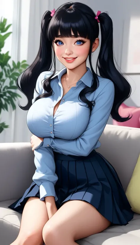 ((Busty Bitches)), score_9, score_8_up, score_7_up, source_anime, highly detailed, 1girl, ultra cute, ultra sexy, ultra curvy, ultra bouncy, ultra feminine, large breasts, ecchi, cutesy, Porn actress sitting on the casting couch, nervous smile, nervous bod...