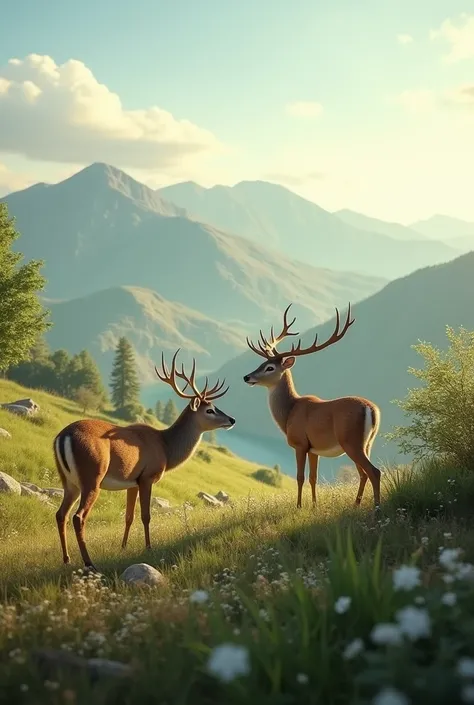 a breathtaking landscape with deer grazing in the background near the hills all with great detail and very realistic