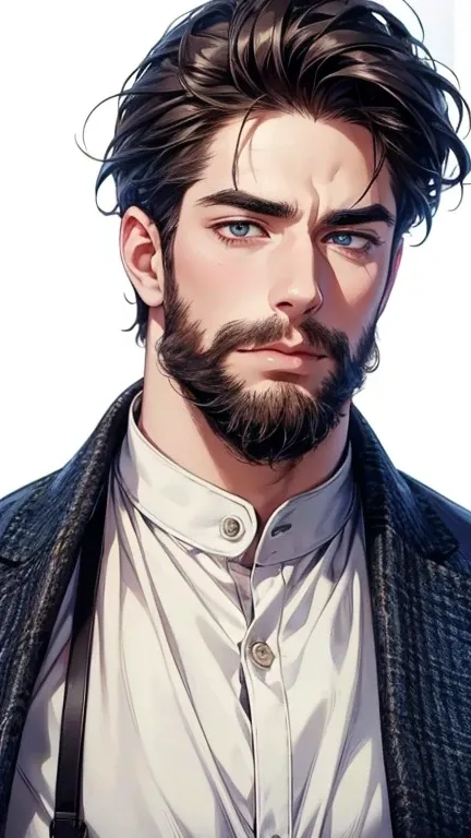 (  better quality,4K,8k, highres, masterpiece:1.2), ultra-detailed,(realistic,photorealistic,photo-realistic:1.37),36-year-old man,3 day beard,Cute anime ,Portraits,strong,Masculine, dark hair,sharp jaw,  mesmerizing eyes  , perfectly groomed hair , cool a...