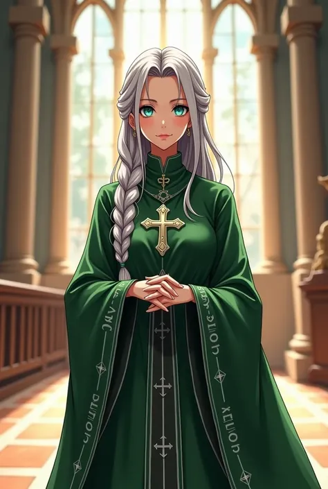 "4K anime style quality, digital drawing mode, a mystical female bishop with long silver hair tied in a loose braid, serene and wise expression, wearing an elegant emerald green robe adorned with silver crosses and ancient runes, standing gracefully inside...