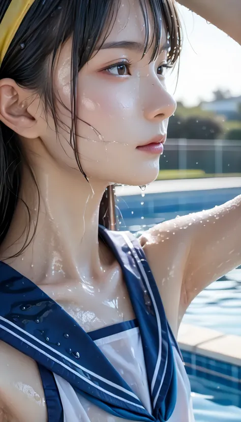 (((There is a wet elementary school student with a round face in the pool at dusk、Beautiful Skin、 beautiful face、 wet sailor suit)))、break (((((( face close-up、 side view ))))))、((((( flat chest without bulges )))))、(((((Close-up armpit 、Zoom up collarbone...