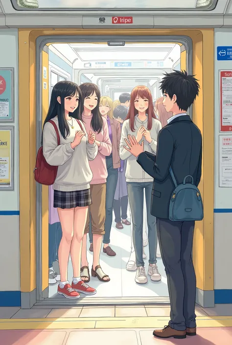 Draw me a girl inside the subway standing at the subway car door and the door is open. The car inside seems crowded with women and laughs and waves her hand. A 20-year-old man passes by the subway platform from outside while leaving. People wave their hand...