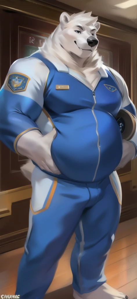 alone , Male tall , Big torso ,Standing , world time clock.,polar bear ,Holding a clock club., portrait pose, Blue Military Spacesuit, Overweight , Muscle Bundle, smirking psychosis, by chunie