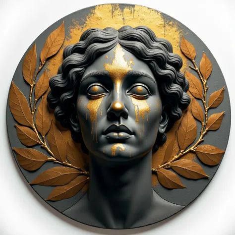  Base Form :

 Perfect circle with irregular edges and spray paint splashes in shades of charcoal and aged gold .
Central Element:

 Head of a stylized Greek statue  ( like archaic kouros )  in angular graphite strokes :
 Neutral face with eyes without pup...