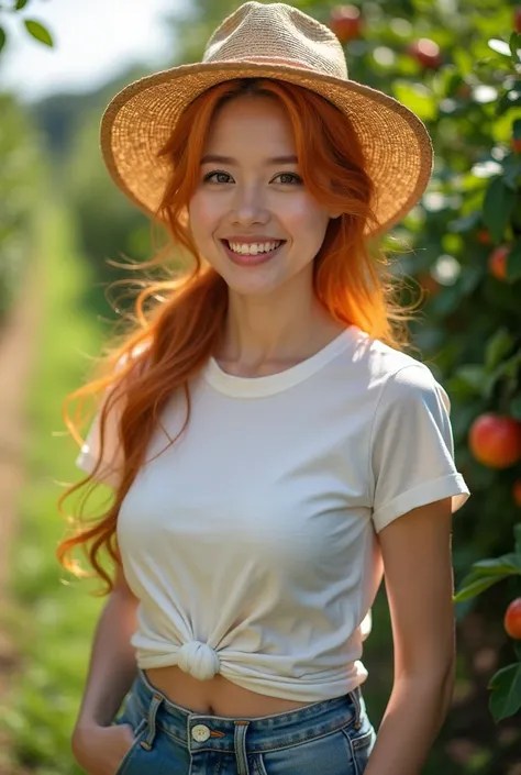 T-shirt and jeans，agriculture，Beauty( top quality，glamor，Tall)， big breasts, Orchard，Smiling at the camera， straw hat，Focus: 135mm, 

 my hair is orange，My skin is wheat ， ponytail，Asian