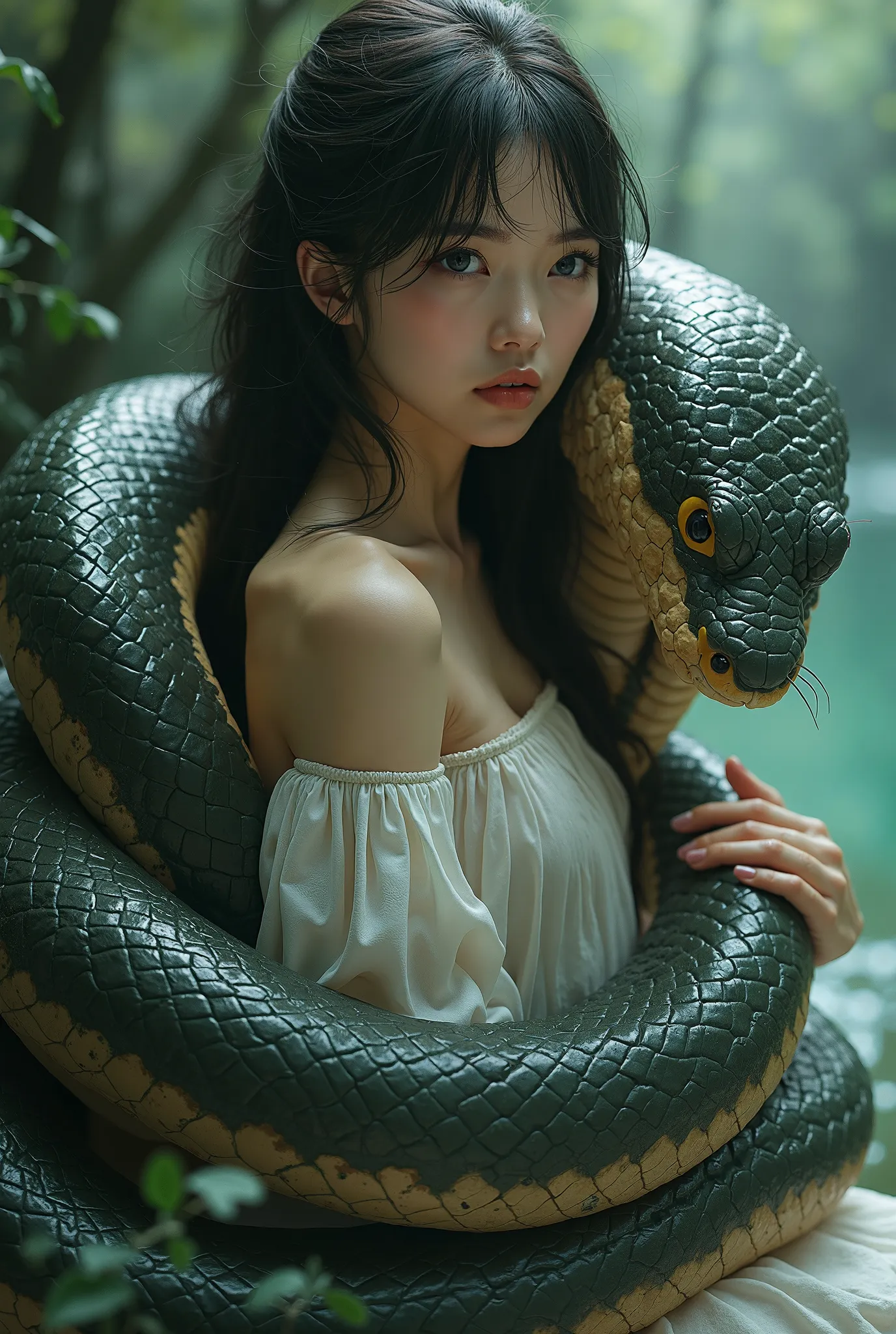 masterpiece, 8k, Photorealistic, beautiful Japanese girl with giant snake squeezing her hard, wrapped in thick spiraling coils, constricted, struggle, snake attack