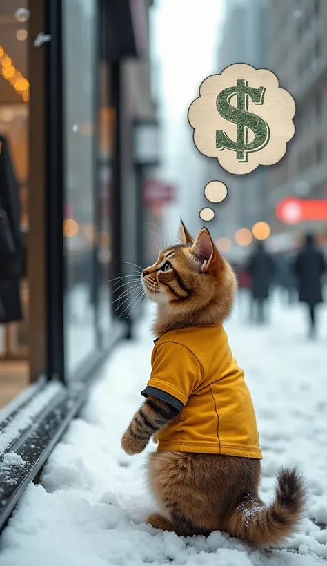 "A small, cute brown cat, wearing an old, dirty yellow t-shirt, stands outside a snow-covered shopping mall in New York City. From a distance, itgazes through the glass at the black and white winter clothing display. Above its head, a thought bubble appear...