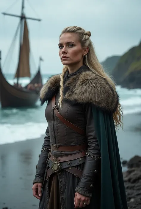 Lagertha from Vikings,sexy Viking clothing, Viking hairstyle, Viking ship landing,  Realistic photograph , 4k,  high detail,  high resolution, 