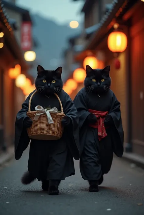  Vivid colors high resolution ,  Masterpiece,  top quality ,  photorealistic 8K quality  、 by Nomi、、 cinematic performance ,night、((( seven dark-haired cats with bad faces are walking through the old streets of Kyoto wearing black kimonos))、Carrying a bask...