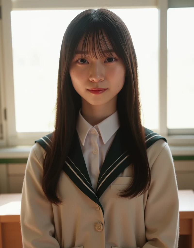 4k,masterpiece,best quality,detailedescription,photorealistic,natural lighting,1 girl,sizuki,long hair, school uniform,looking at viewer,from front,classroom, She smiled faintly at the corner of her mouth