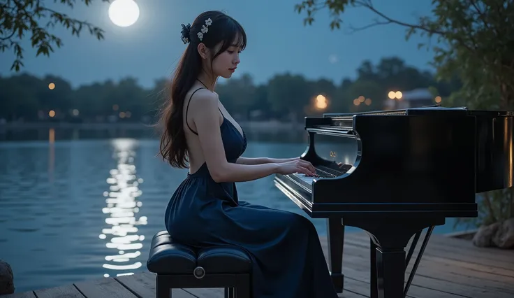 Night falls ， Breezy light waves over the lake ， A girl sat silently in front of an open-air piano with only a few warm yellow lights dotted around 。 She wore a low-breasted dress ， The dark blue silk fabric is ghostly in the moonlight， with the night bree...