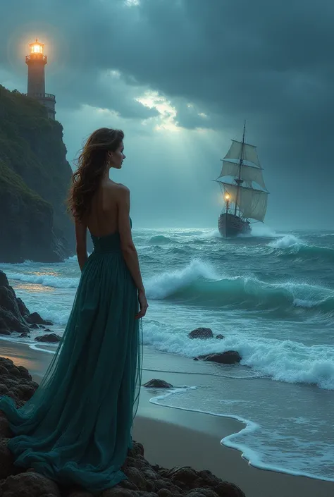 A very beautiful woman in a long dress stands on the shore, watching the storm in the distance, the lighthouse on the rock goes to the ocean, the ray of light illuminates the ship near the storm, the style of imported