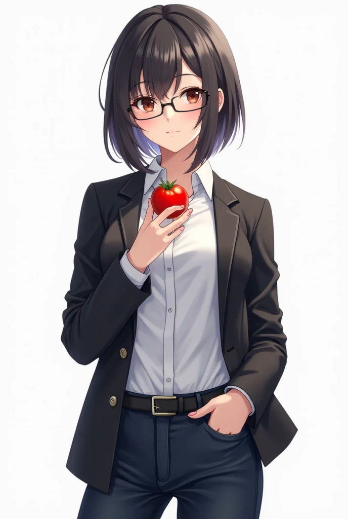 Create a schoolgirl aged 15-17, Genshin Impact , study excellently, Dressed in a white shirt,  black jacket, black jeans, in glasses, loves math,  tomato on the best quality white ,  in full height