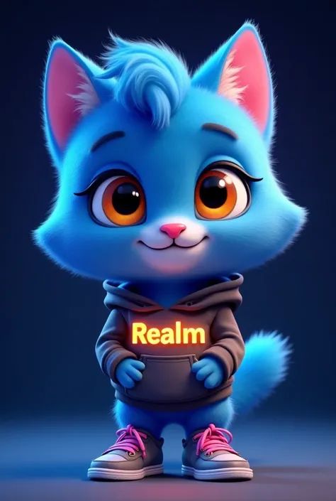 . A blue cartoon cat is the main subject .  The cat was depicted in a casual pose, standing With his arms slightly bent at the elbows, the viewer faces directly .  His expression is playful and friendly, with large and expressive orange eyes and a small in...