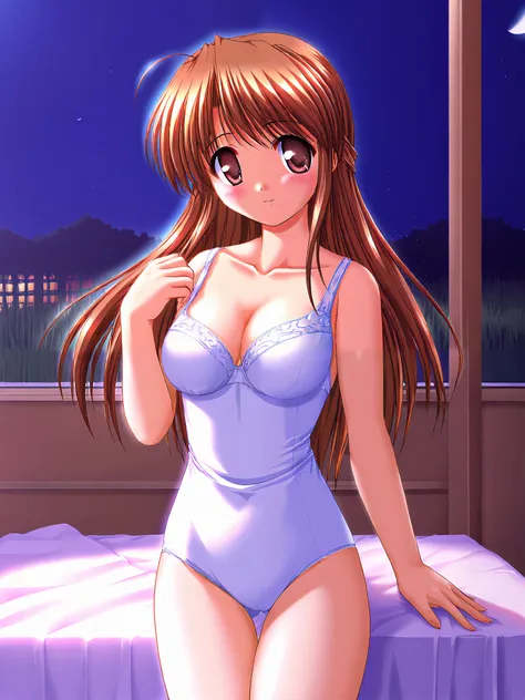 Honami Fujieda, (Alone), (cowboy shot),  brown eyes, yellow eyes,  brown hair at the gym, stupid hair, bangs,  side lock,  long hair,  hair bun, single  hair bun,  Tiny Breasts , cleavage, ( sexy black lingerie), (blush), (shy), ( is fascinated), ( sexy po...