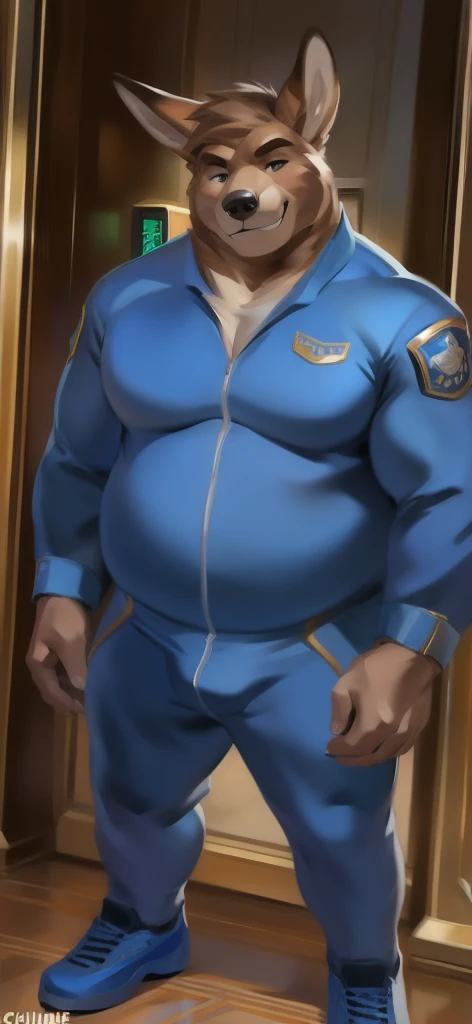 alone , Male tall , Big torso ,Standing , world time clock., bear mammoth kangaroo,Holding a clock club., portrait pose, Blue Military Spacesuit, Overweight , Muscle Bundle, smirking psychosis, by chunie