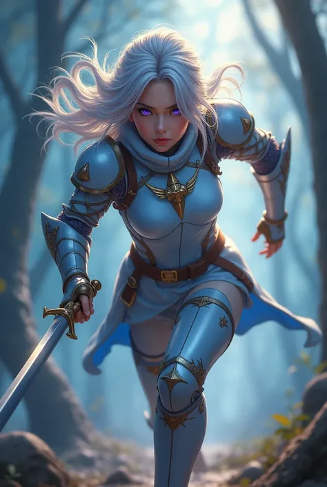 "4K anime style quality, digital drawing mode, a graceful female knight with flowing silver hair, keen violet eyes, and light armor with azure and gold accents, racing forward in a misty forest at twilight, her determined and agile expression embodying spe...