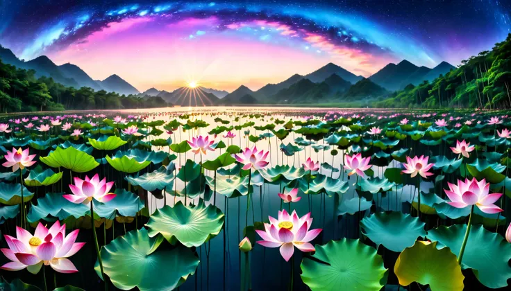 超 high image quality, high image quality, high quality , Spectacular Scenery , Magnificent Pure Land of Paradise ,(((A large group of huge and very beautiful lotus flowers that fill the surface of the lake))),((A large group of overlapping lotus flowers)...