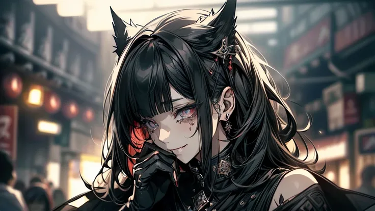  I'm licking my tears 、cadaver、 A beautiful woman with a happy smile is wearing sharp claw gloves 、 Blood Splash、Dark shades、Red tint、  is a cross eye、 Stranger 、 see others、 ahegao , Stupid, sexual ecstasy , drunk eyes,blunt bangs,   black hair, ( Beautif...