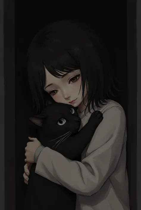 A girl cuddles a cat and the picture is black and dark
