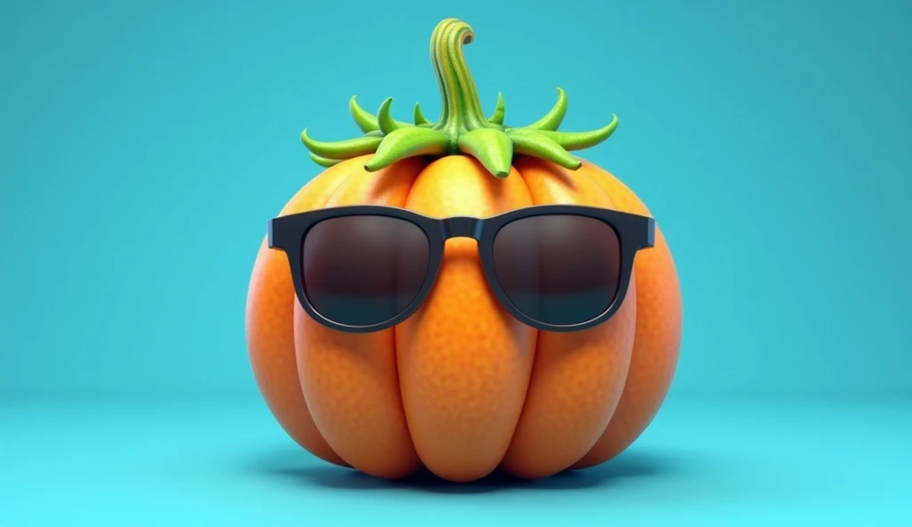 A fun animated pumpkin wearing a sunglasses, clip art arms or legs. The mangosteen has a textured, orange body with green spiky leaves on top and the sunglasses are sleek and black. The background is blue. The image is vibrant and detailed, presented in a ...