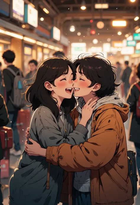 Two friends embracing tightly in a bustling train station or airport, their faces lit with joy and relief. The background is slightly blurred, emphasizing the emotional connection between them.