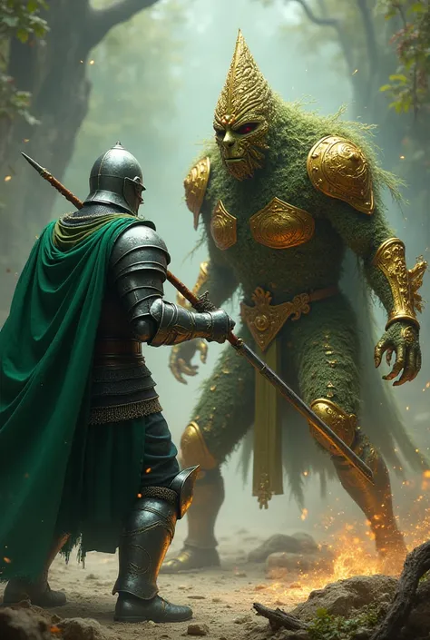 A knight in a green cloak beats a humanoid fir cone with gold ornaments