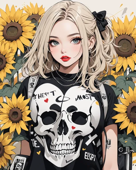 Hyperrealistic Banksy-esque,  Simple Line Acronym Abstract Painting ,  fashionable design,  The Most Beautiful Girl Ever , Female university student ,  skull fashion, Lips in Love, sunflowers