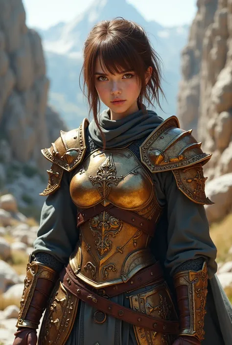 "4K anime style quality, digital drawing mode, a powerful female warrior with cropped brown hair, piercing hazel eyes, and heavy bronze armor with fortress-like motifs, standing firmly in a rocky mountain pass, her unyielding and vigilant expression embody...