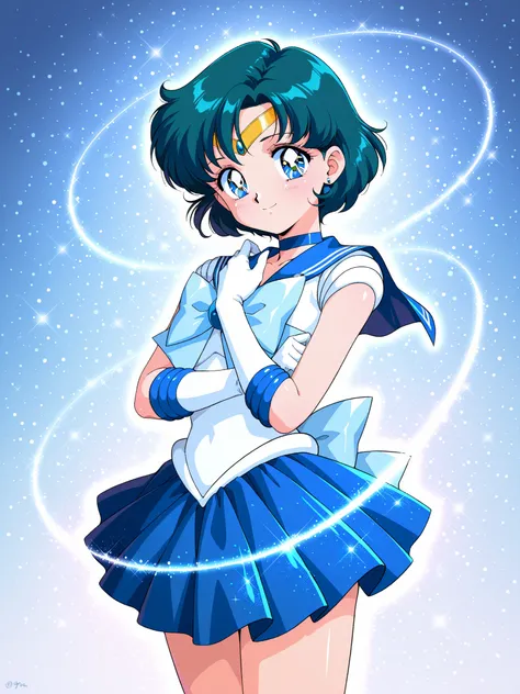 cowboy shot, sailor mercury, Alone, 1 girl, smile,  Hi-Res,  Masterpiece, 最 high quality,  high quality,  very detailed that ,  high quality,  Glitter Effect , Trim Marks, Light blush,  has sparkling eyes, 1990s, 