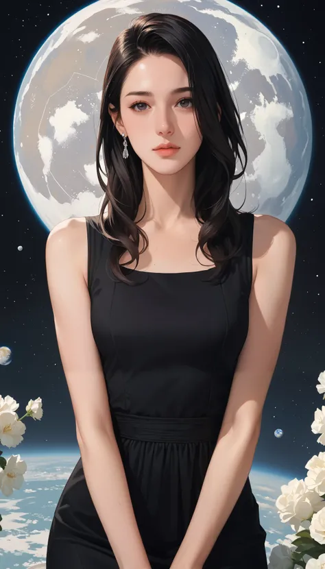   1 female,  medium long hair ,   black hair,  Chest, black eyes,   simple background/ Background ,   Vertical style   , Lots of white space,  Illustration of ,  black dress 