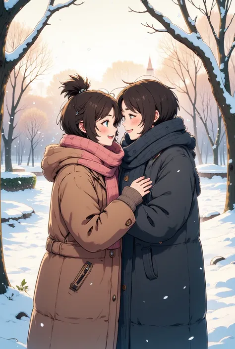 A detailed 8k image of Two people wrapped in thick scarves and coats, sharing a tight embrace in a snowy park. Their breath is visible in the cold air, but their smiles and closeness radiate warmth and comfort.