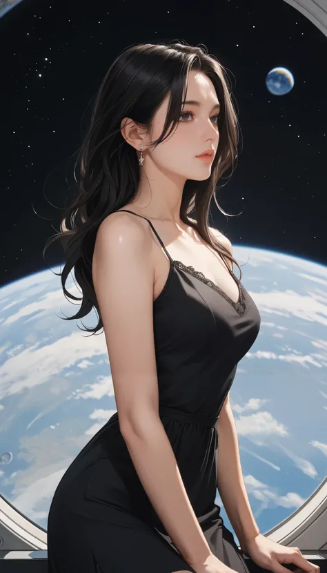   1 female,  medium long hair ,   black hair,  Chest, black eyes,   simple background/ Background ,   Vertical style   , Lots of white space,  Illustration of ,  black dress 