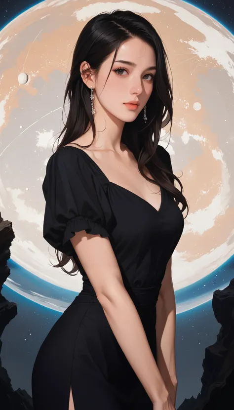   1 female,  medium long hair ,   black hair,  Chest, black eyes,   simple background/ Background ,   Vertical style   , Lots of white space,  Illustration of ,  black dress 