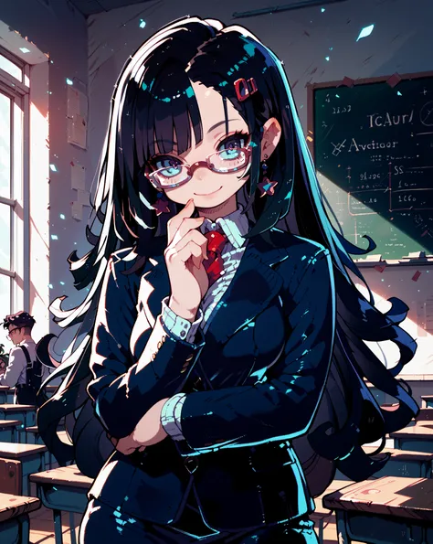  one female teacher 、Glasses、 dark hair( long hair)、business suit、classroom、Standing at the podium、 soft smile