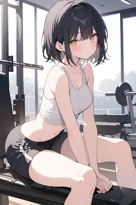 Girl's appearance: (short black hair color, Golden eyes color, solo girl, medium breasts size, Fair skin tone, white crop top, black booty shorts, sitting on the bench press, gym room, masterpiece)