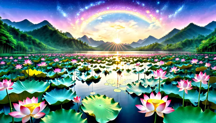 超 high image quality, high image quality, high quality , Spectacular Scenery , Magnificent Pure Land of Paradise ,(((A large group of huge and very beautiful lotus flowers that fill the surface of the lake))),(((1000 lotus flowers on the surface of the l...