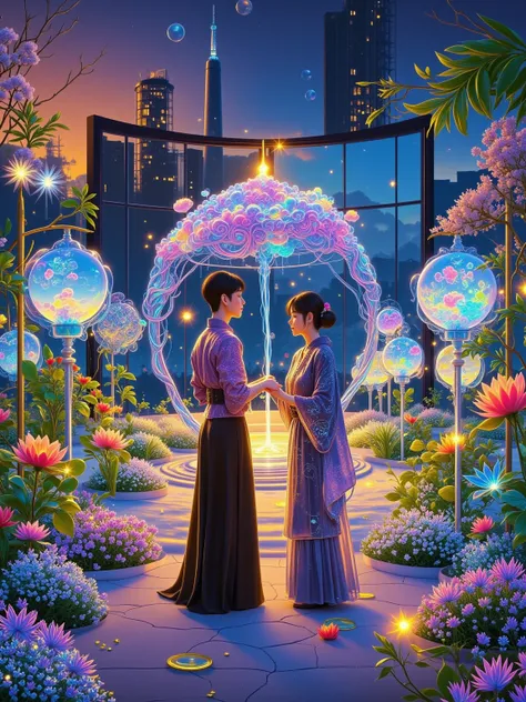 In a minimalist courtyard, Mucha-esque mechanical screens project a wabi-sabi aesthetic holographic Zen garden. A couple, wearing luminous kariginu and nano-furisode, hold bamboo terminals sprouting floral plug-ins from "The Seasons" series. Each water dro...