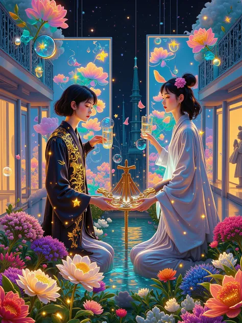 In a minimalist courtyard, Mucha-esque mechanical screens project a wabi-sabi aesthetic holographic Zen garden. A couple, wearing luminous kariginu and nano-furisode, hold bamboo terminals sprouting floral plug-ins from "The Seasons" series. Each water dro...