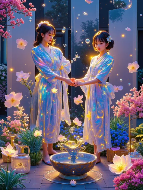 In a minimalist courtyard, Mucha-esque mechanical screens project a wabi-sabi aesthetic holographic Zen garden. A couple, wearing luminous kariginu and nano-furisode, hold bamboo terminals sprouting floral plug-ins from "The Seasons" series. Each water dro...