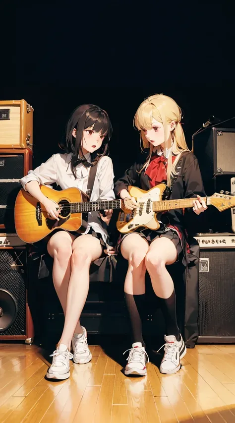 two girls are sitting by an amplifier with two guitars and guitars in front, multiple girls, 2girls, instrument, guitar, sneakers, skirt, thighhighs, striped, shoes, sitting, red eyes, 


score_9, score_8_up, score_7_up, source_anime, xxx667_illu