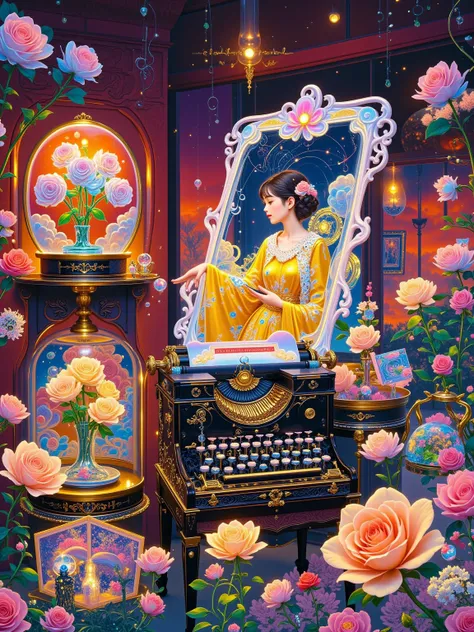 An immortal flower shop combining 3D modeling and hand-painting, showcasing Mucha-style mechanical flowers in display cases: rose petals inlaid with Venetian mirrored glass, flower stems entwined with "Dance" series relief circuits. The window's holographi...