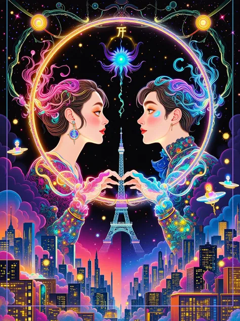 In a vertical city constructed of vector lines, a couple floats within a Mucha-esque circular composition. The woman's mechanical neck ring projects a decorative border from "La Dame aux Camélias," while the man's prosthetic eye iris displays a mosaic from...